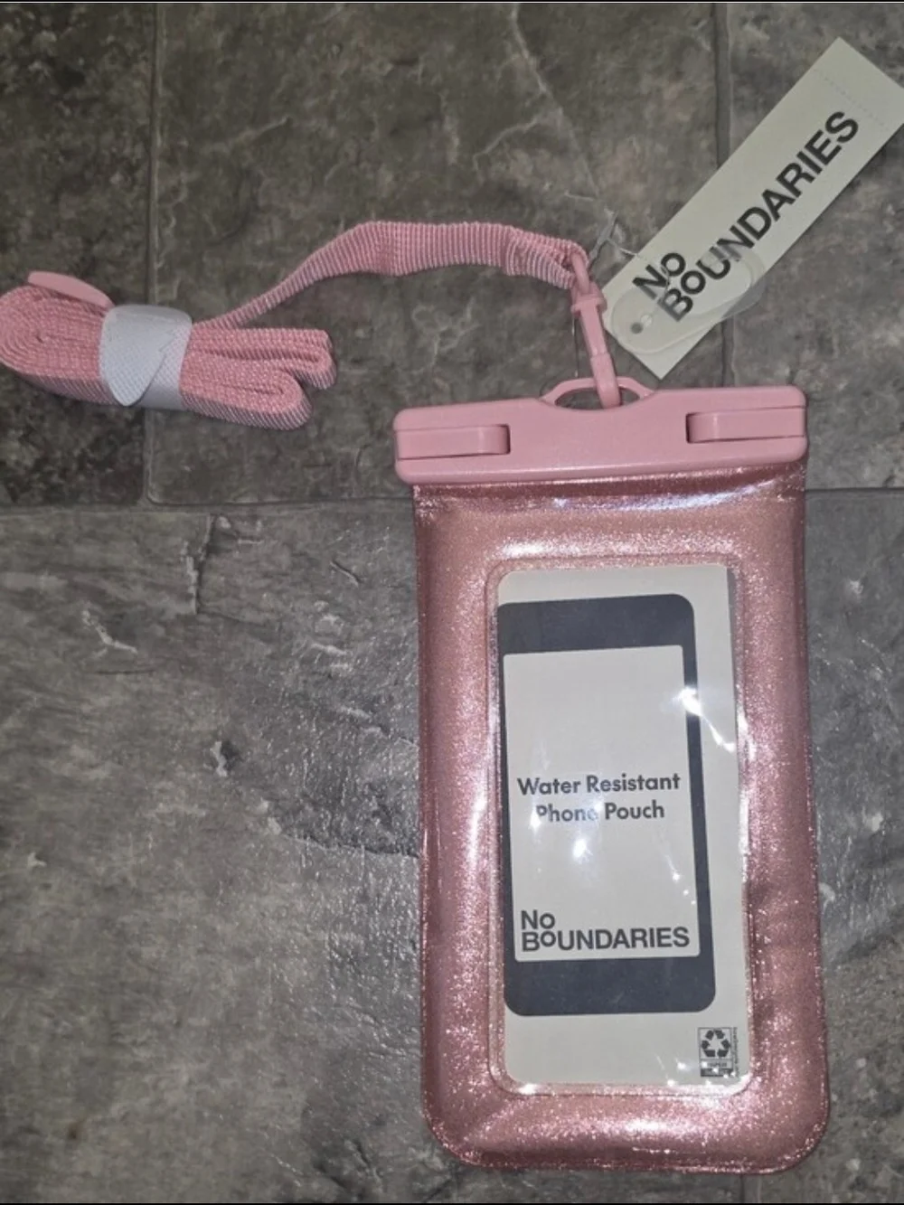 No Boundaries Pink Glitter Waterproof Phone Pouch with Lanyard NWT
